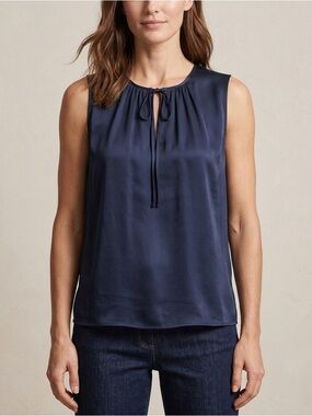 DKNY Tie Front Keyhole Sleeveless Top in Navy‎
